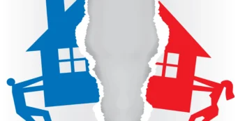 red and blue couple pulling house apart