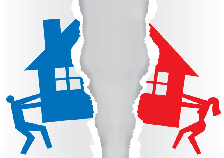 red and blue couple pulling house apart